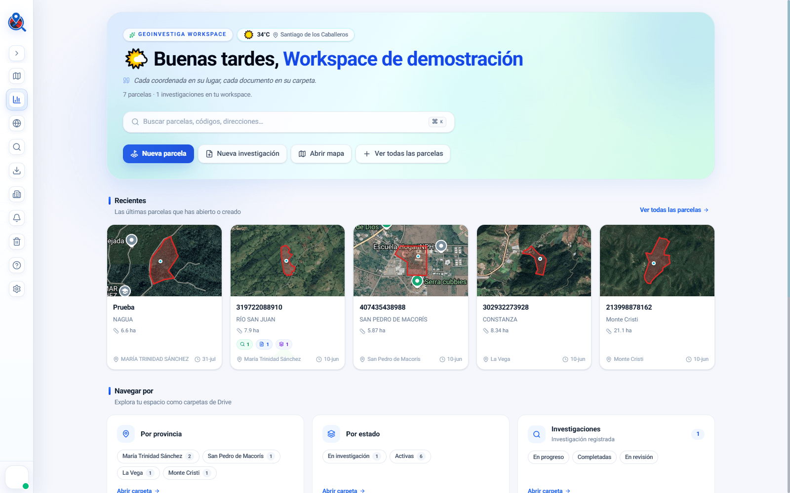 Panel principal de GeoInvestiga con buscador, accesos rápidos, parcelas recientes y navegación por categorías