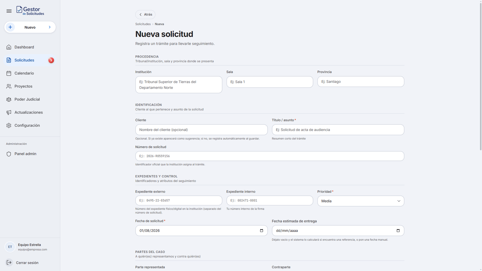 Formulario para registrar una nueva solicitud jurídica y configurar su seguimiento