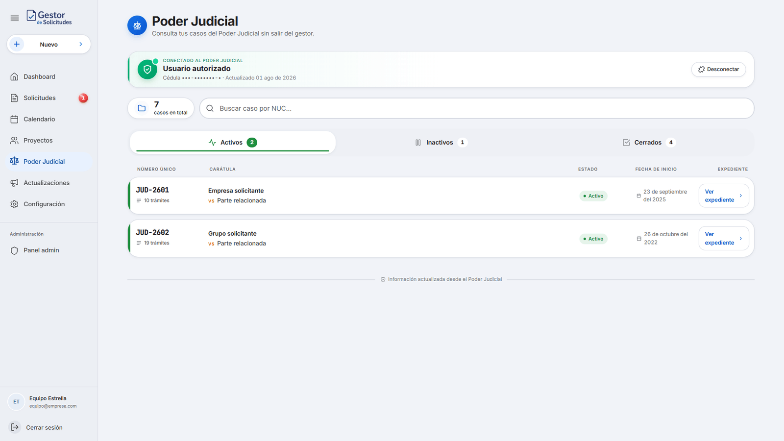 Integración con el Poder Judicial para consultar casos activos, inactivos y cerrados